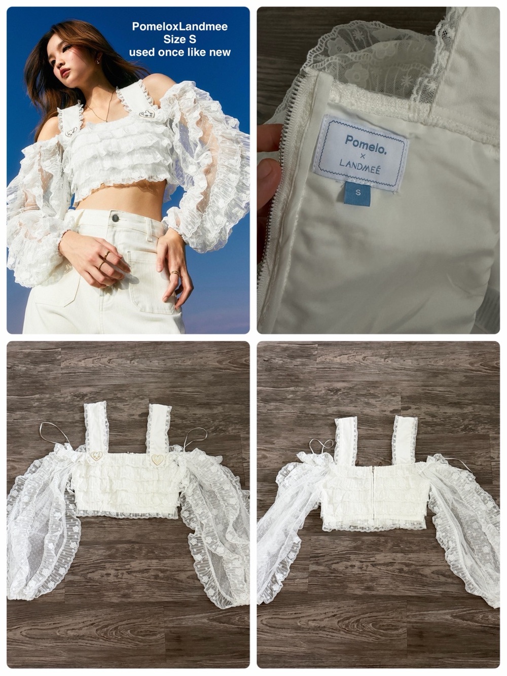 Pomelo x LANDMEE White Ruffled Lace Puff Sleeve Crop Top